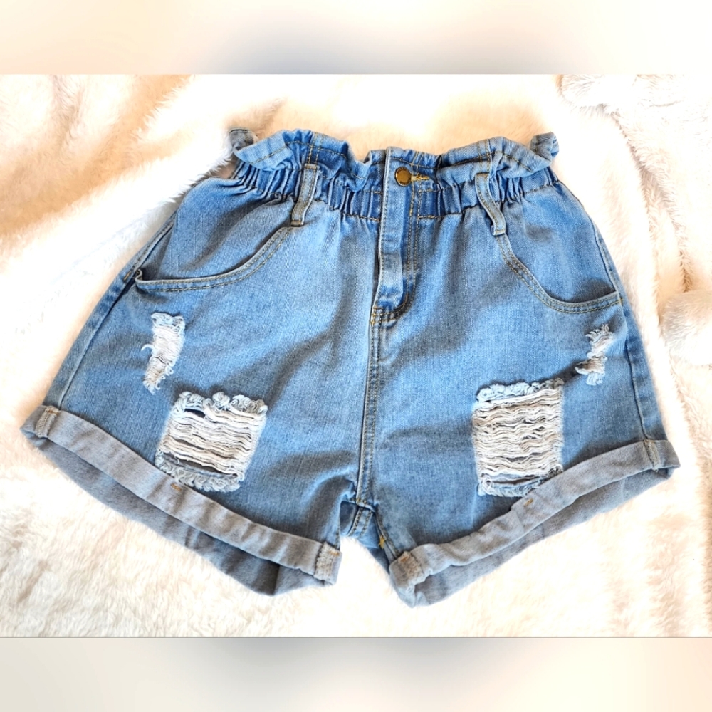 SHEIN Paperbag Waist Distressed Denim Shorts, Size L